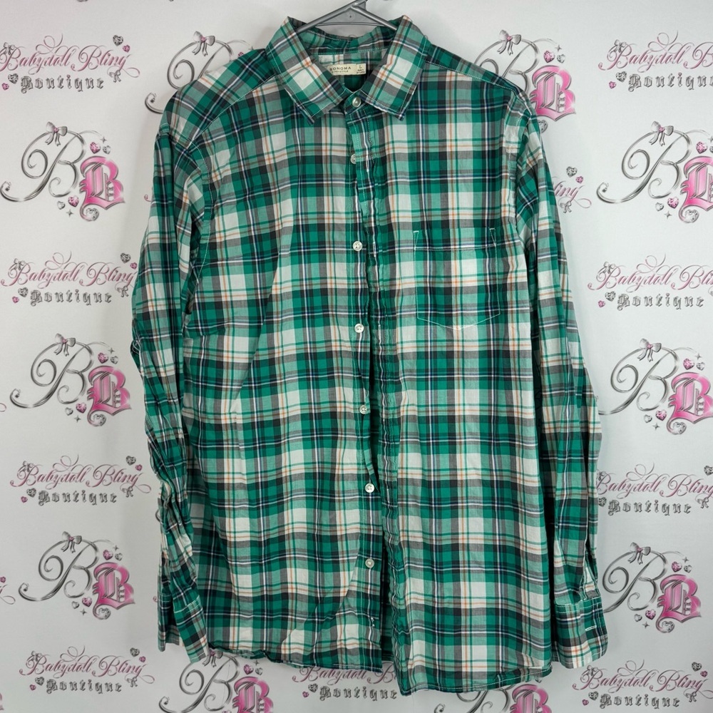 Sonoma button down shirt yellow Green and White Plaid Casual Shirt